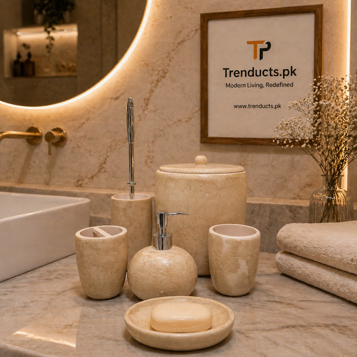 Luxury 6-Piece Ceramic Stone-Effect Bathroom Accessory Set – Available in Slate Grey & Sandstone Beige