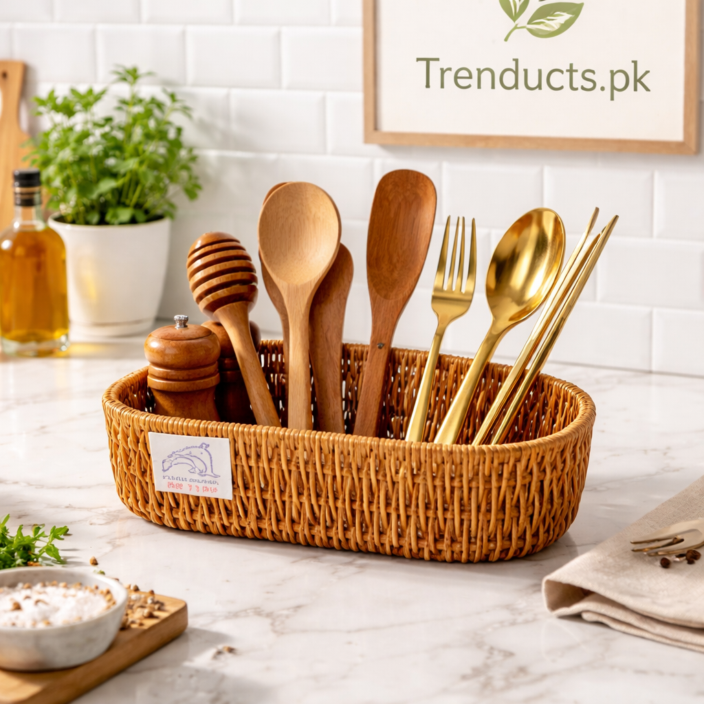 Artisan Caddy – Luxury Faux Rattan Cutlery Holder