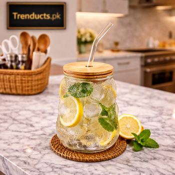 Aesthetic 400ml ripple wave textured iced tea glass with natural bamboo lid and glass straw on a dark background - Trenducts Pakistan