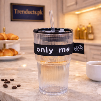 Clear ribbed glass sipper cup with black lid, glass straw, and a black fabric sleeve saying 'only me' - Trenducts Pakistan