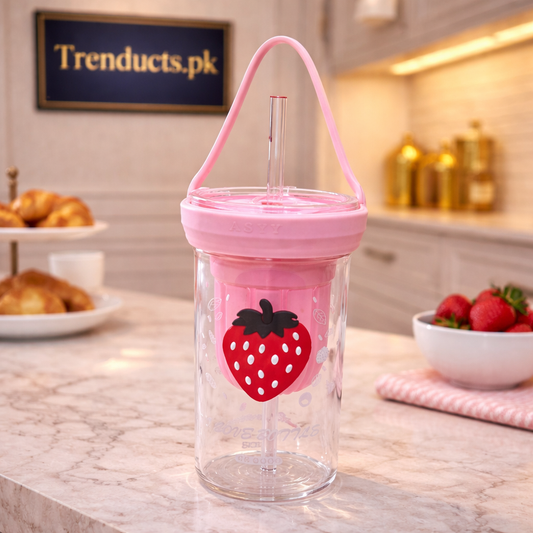 Kawaii Strawberry Glass Sipper Bottle – Portable Fruit Infuser Cup