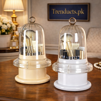 Rotating makeup brush organizer with transparent dome lid and gold handle in white and cream colors - Trenducts Pakistan