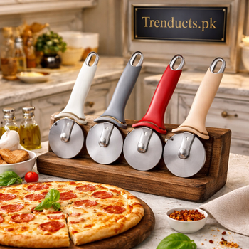 Stainless steel pizza cutter wheels with ergonomic handles in white, grey, red, and beige colors - Trenducts Pakistan