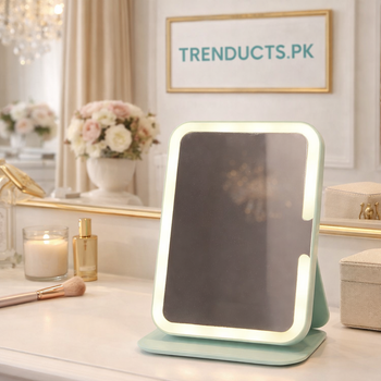 Mint green portable LED makeup mirror with foldable stand and bright light border next to its packaging - Trenducts Pakistan