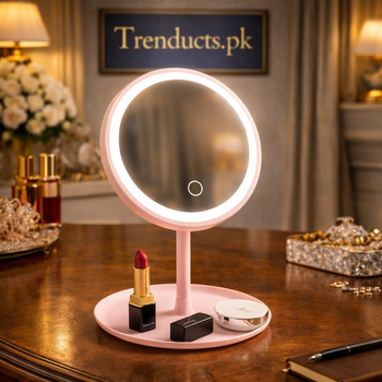 Pink LED rechargeable makeup mirror with touch sensor and built-in accessory tray on a white dressing table - Trenducts Pakistan