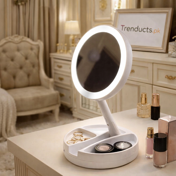 White foldable double-sided LED makeup mirror with magnifying side and built-in jewelry tray on a white table - Trenducts Pakistan