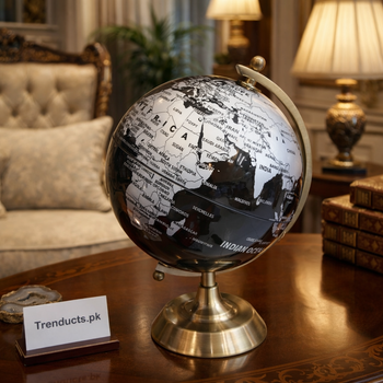 Black and silver decorative world globe with antique brass metal stand from The Royal World Collection - Trenducts Pakistan