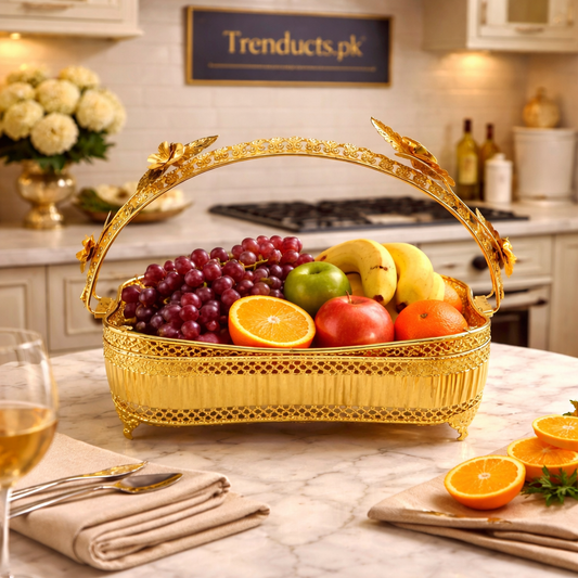 Imperial Golden Floral Filigree Fruit Basket & Tray