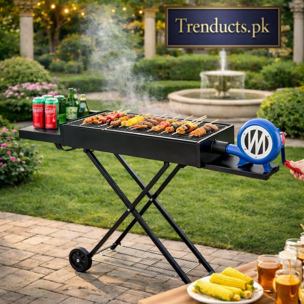 Portable Charcoal BBQ Grill with Manual Hand-Crank Blower