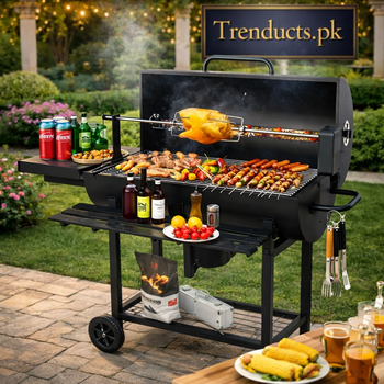 Extra-wide black charcoal barrel BBQ grill with a whole chicken on a motorized rotisserie spit and multiple skewers on the grate - Trenducts Pakistan