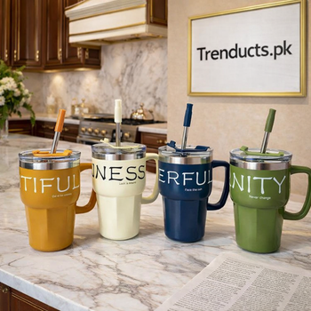 Trendy Korean-style insulated coffee mugs in navy, green, yellow, and cream with matching straws and matte finish - Trenducts Pakistan