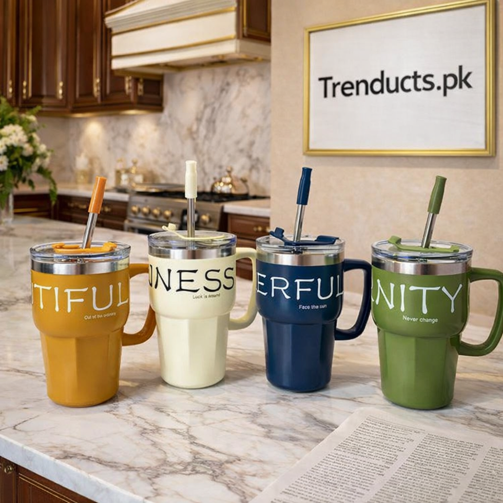 Korean Style Insulated Stainless Steel Coffee Mug with Straw (Random Color)