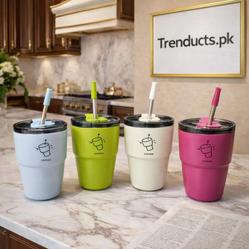 Five colorful 480ml Korean style insulated coffee tumblers with straws in blue, green, cream, black, and pink - Trenducts Pakistan