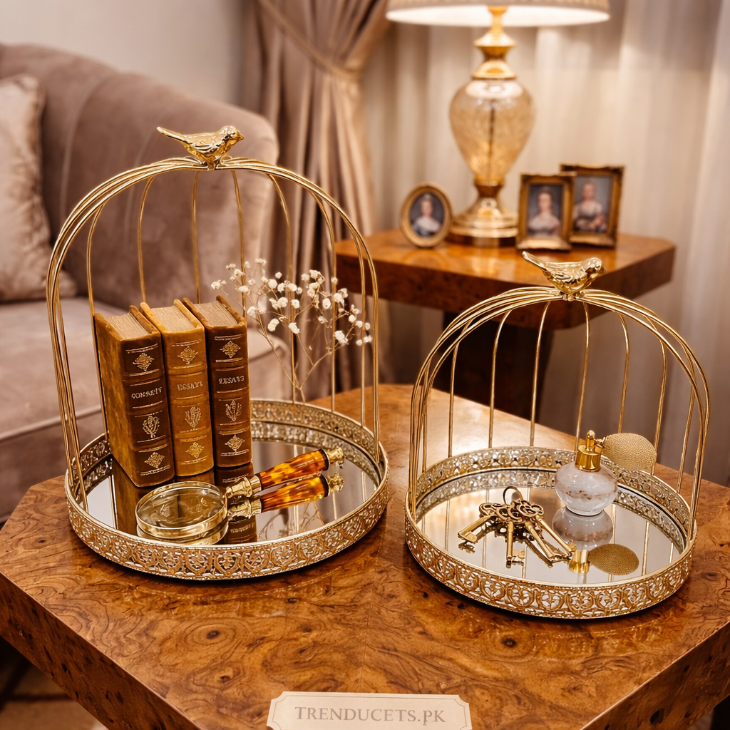 Luxury Birdcage Mirrored Tray Set - 2 Piece Imported Collection