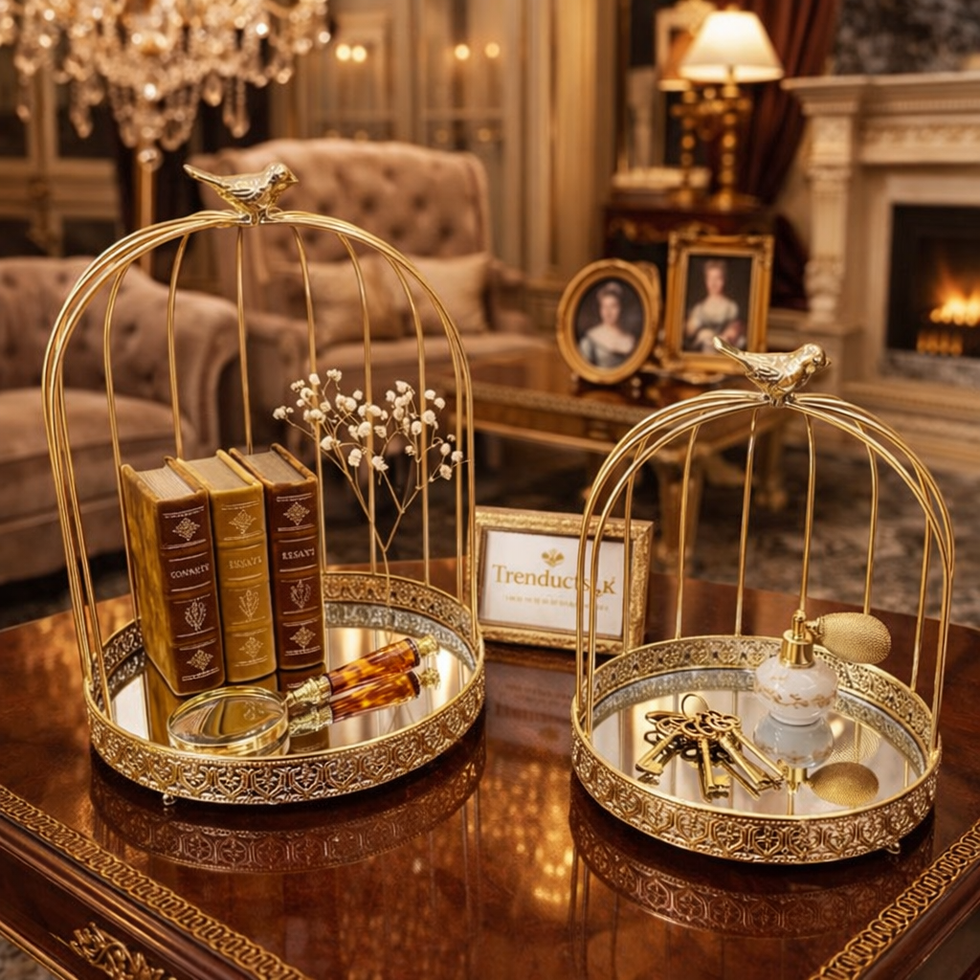 Luxury Birdcage Mirrored Tray Set - 2 Piece Imported Collection