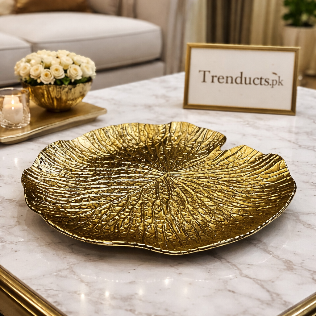 Gold-Plated Fiber Lotus Leaf Decor Tray (13" x 13")