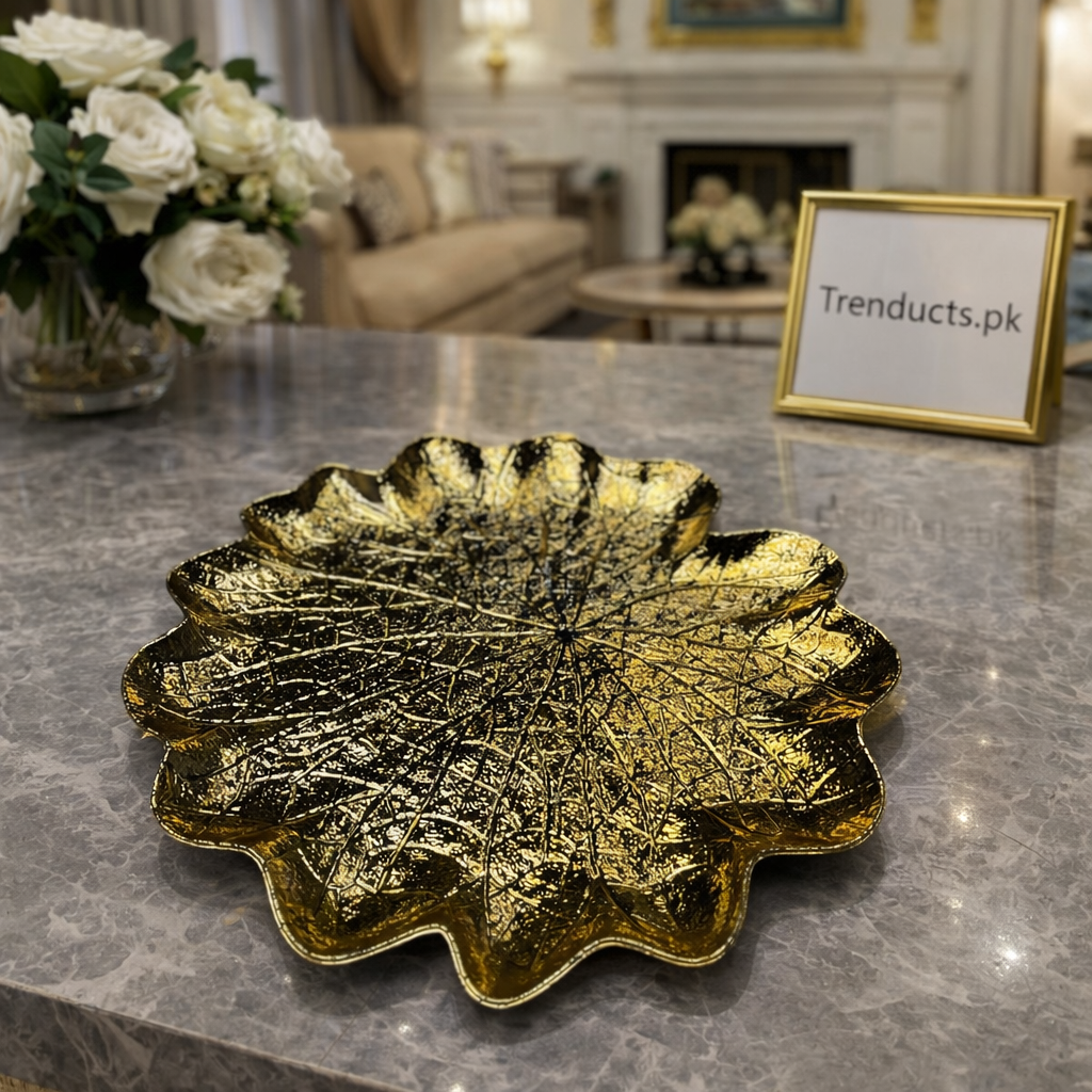 Gold-Plated Fiber Lotus Leaf Decor Tray (13" x 13")
