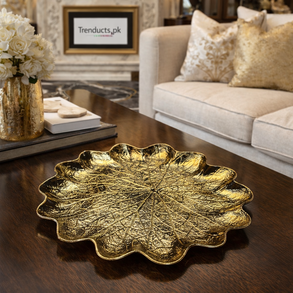 Gold-Plated Fiber Lotus Leaf Decor Tray (13" x 13")