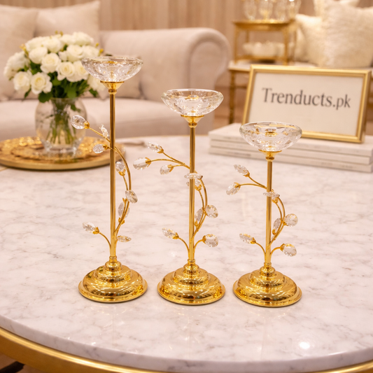 Floral Vine Crystal Candle Stand – 3 Piece Luxury Set