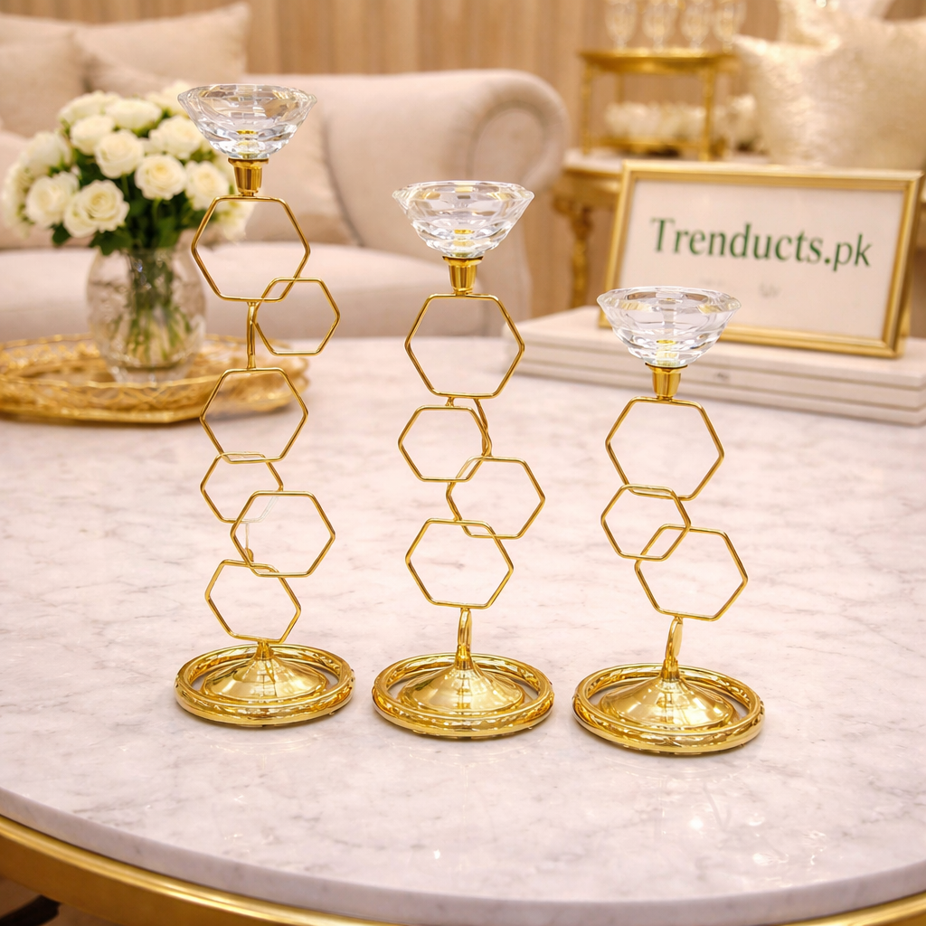 Geometric Hexagon Crystal Candle Stand – 3 Piece Luxury Set