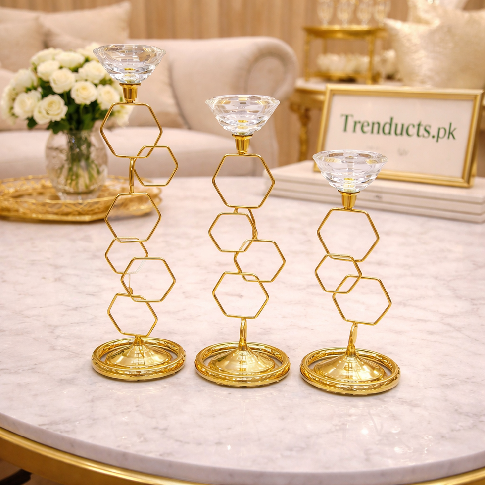 Geometric Hexagon Crystal Candle Stand – 3 Piece Luxury Set