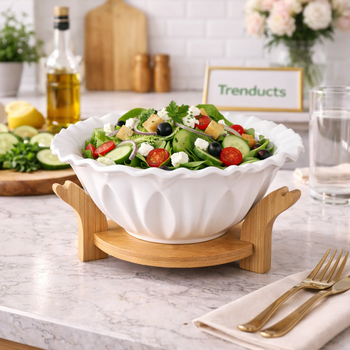 8-Inch Scalloped Ceramic Serving Bowl with Wooden Stand