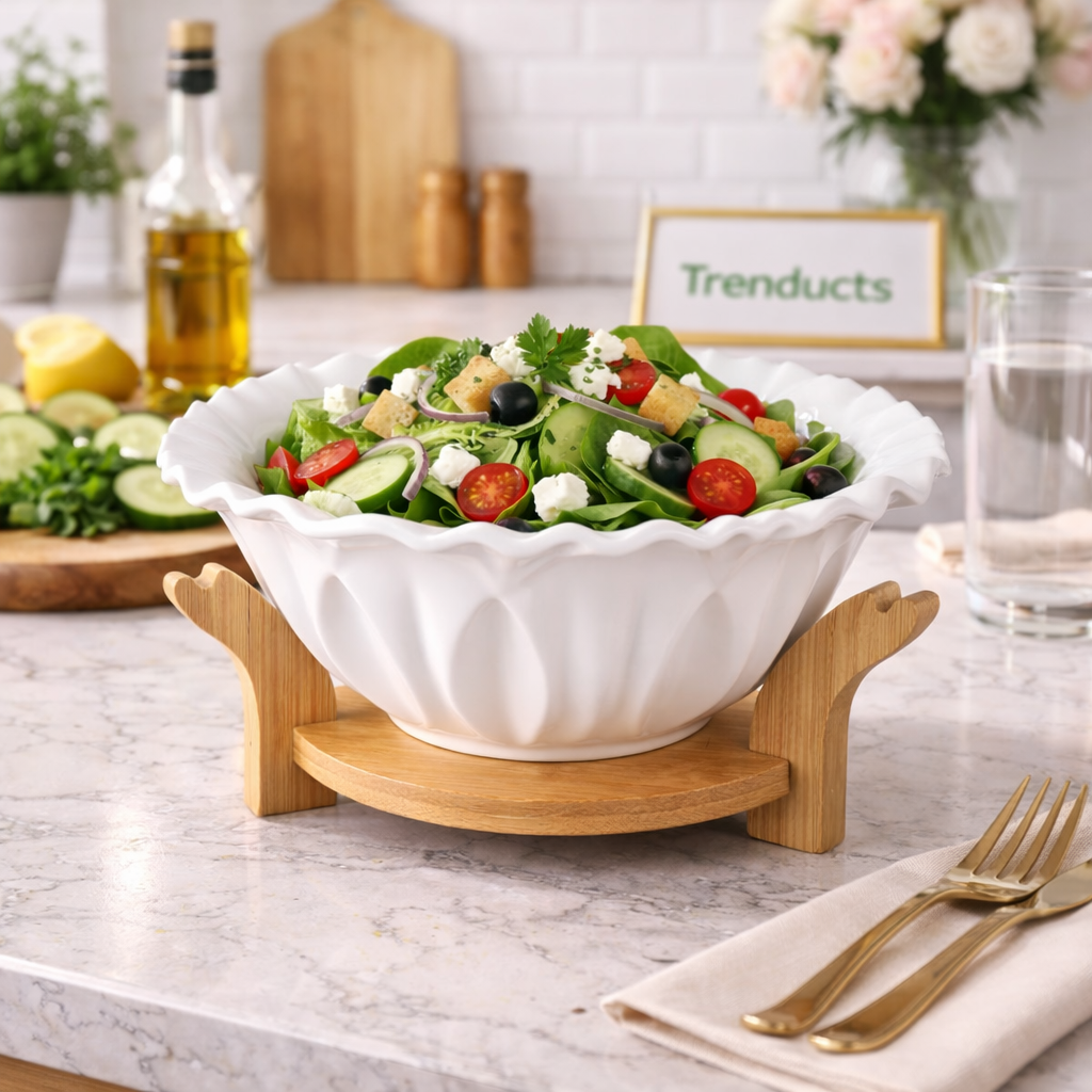 8-Inch Scalloped Ceramic Serving Bowl with Wooden Stand