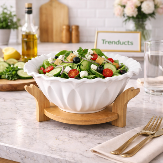 8-Inch Scalloped Ceramic Serving Bowl with Wooden Stand