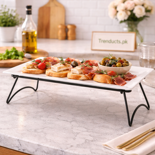 14-Inch Rectangular Ceramic Platter with Wrought Iron Stand