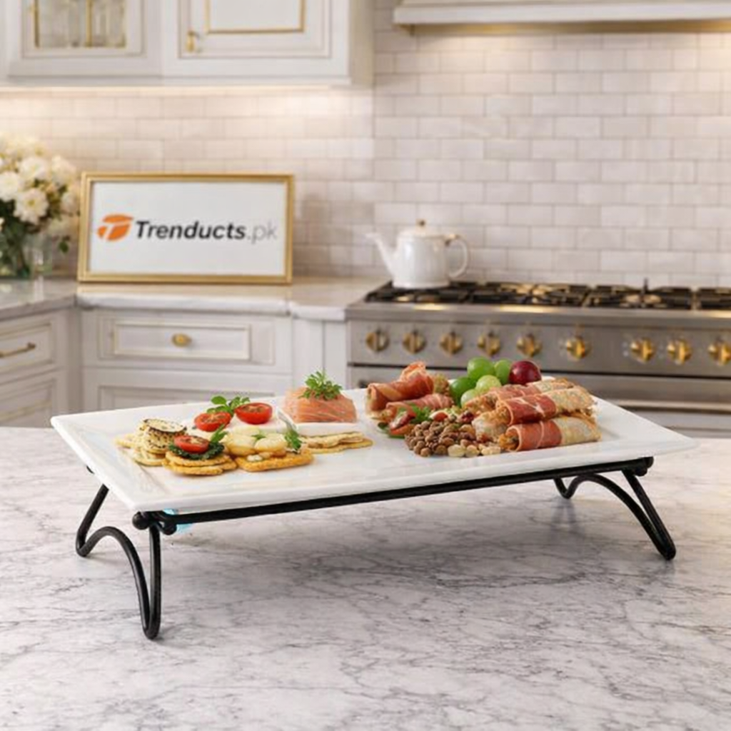 14-Inch Rectangular Ceramic Platter with Wrought Iron Stand