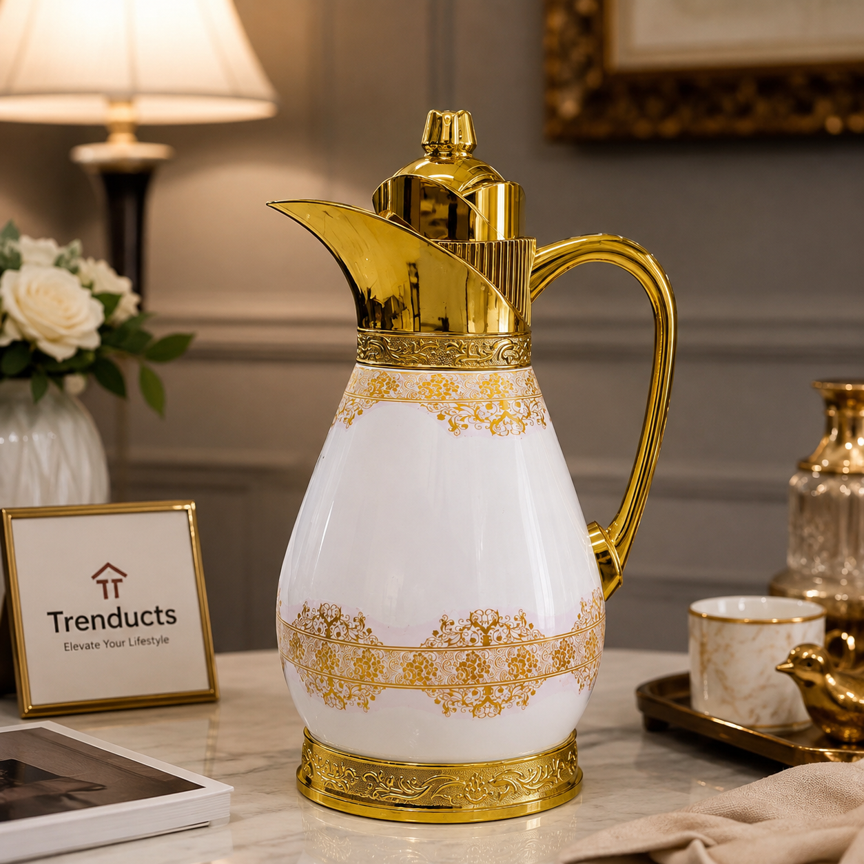 Arabic Vacuum Flask 1L – Luxury Gold Floral