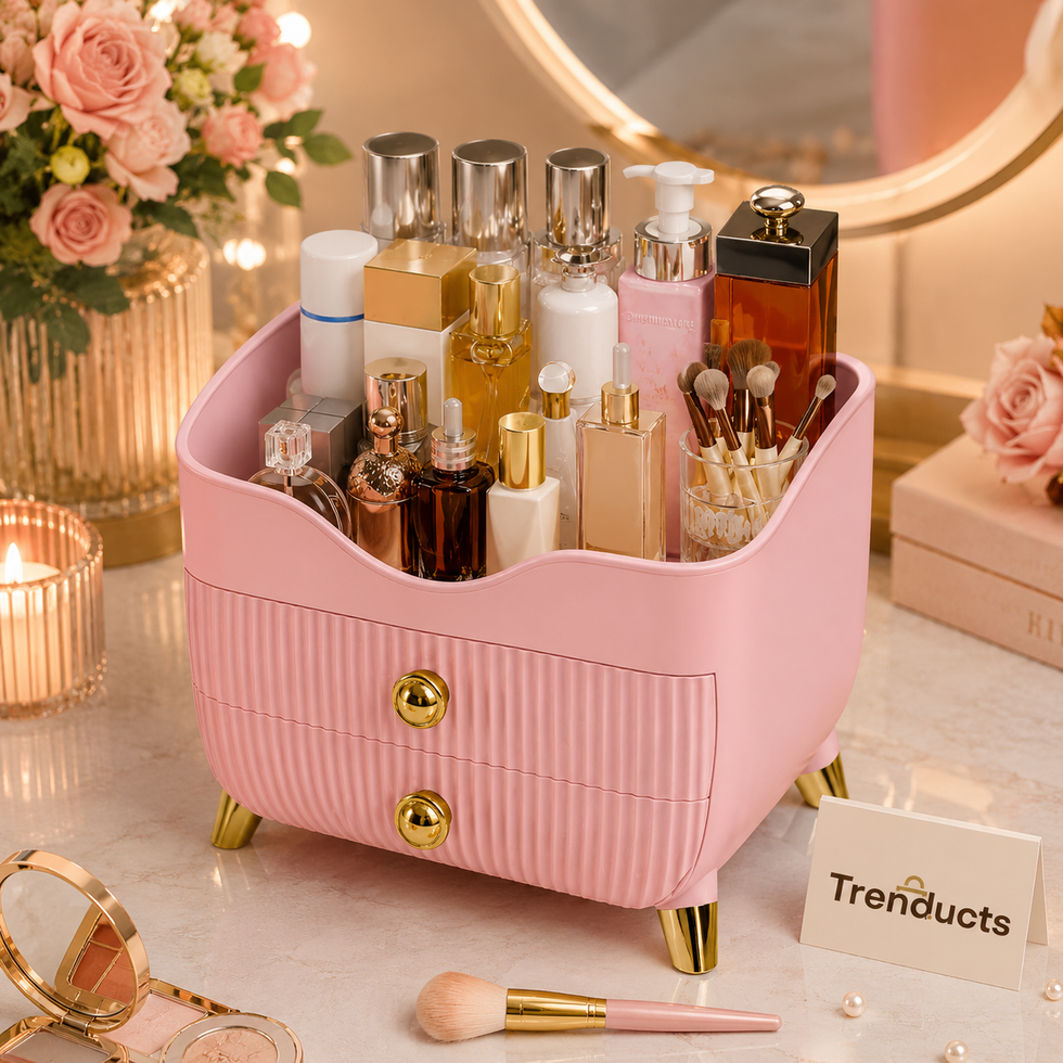 Makeup Organizer with 2 Drawers & Gold Legs – Pink