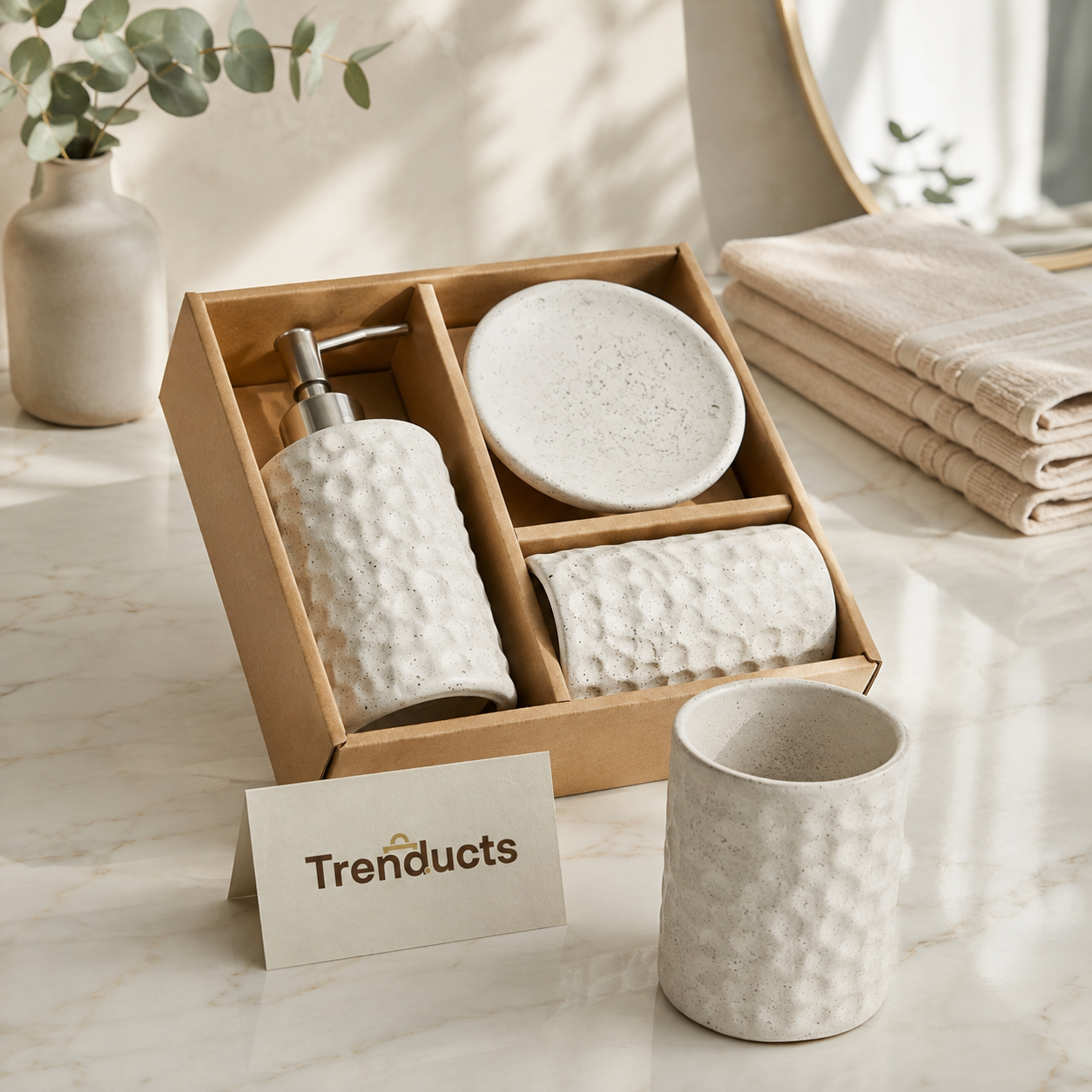 3-Piece Ceramic Bathroom Set – Soap Dispenser, Dish & Tumbler