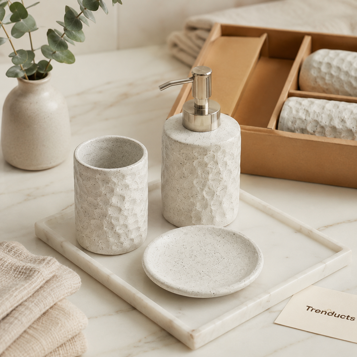 3-Piece Ceramic Bathroom Set – Soap Dispenser, Dish & Tumbler