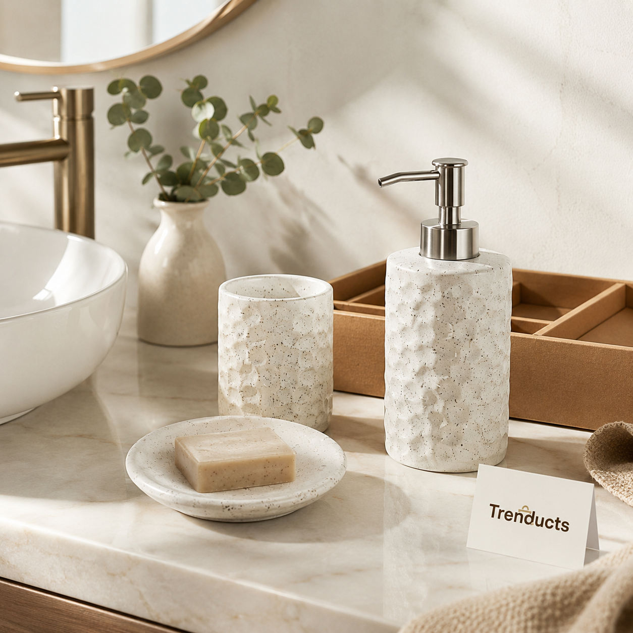 3-Piece Ceramic Bathroom Set – Soap Dispenser, Dish & Tumbler