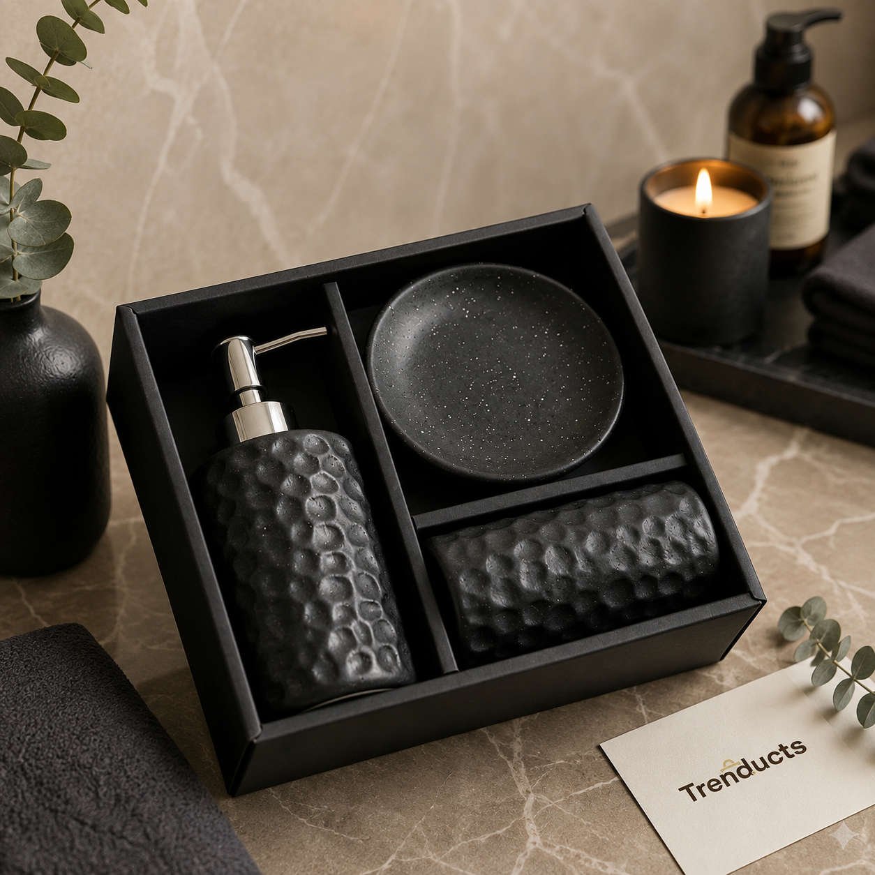 3-Piece Ceramic Bathroom Set – Soap Dispenser, Dish & Tumbler