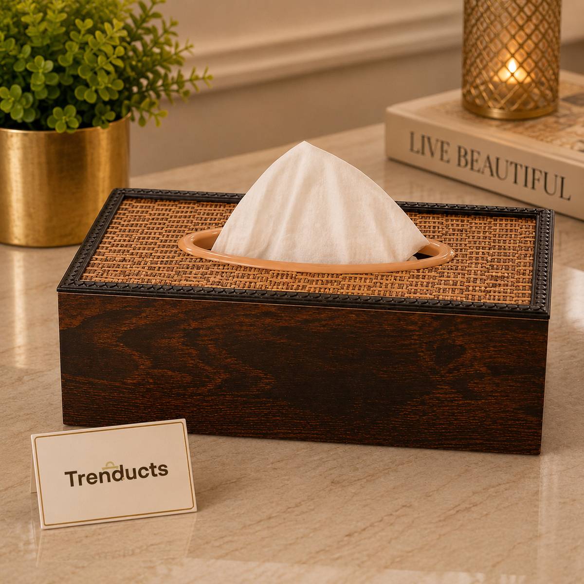 Wooden Tissue Box Holder – Rattan Top
