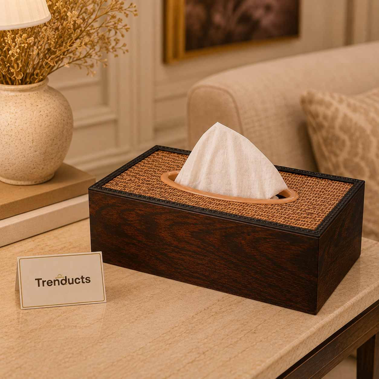 Wooden Tissue Box Holder – Rattan Top