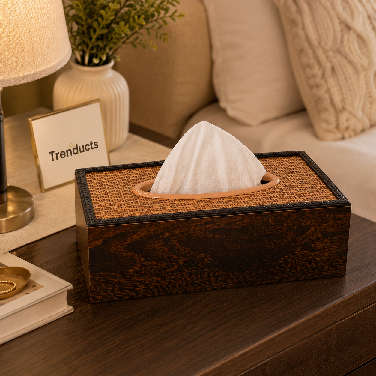 Wooden Tissue Box Holder – Rattan Top