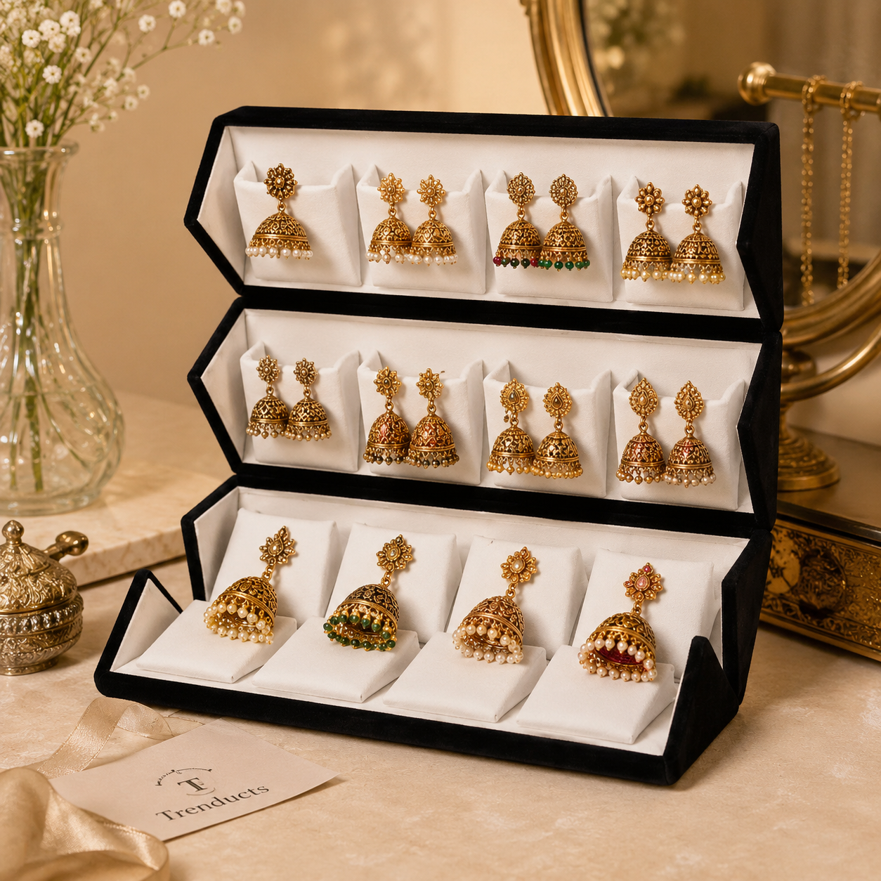 Foldable Velvet Jhumka Organizer Box – 16 Slots