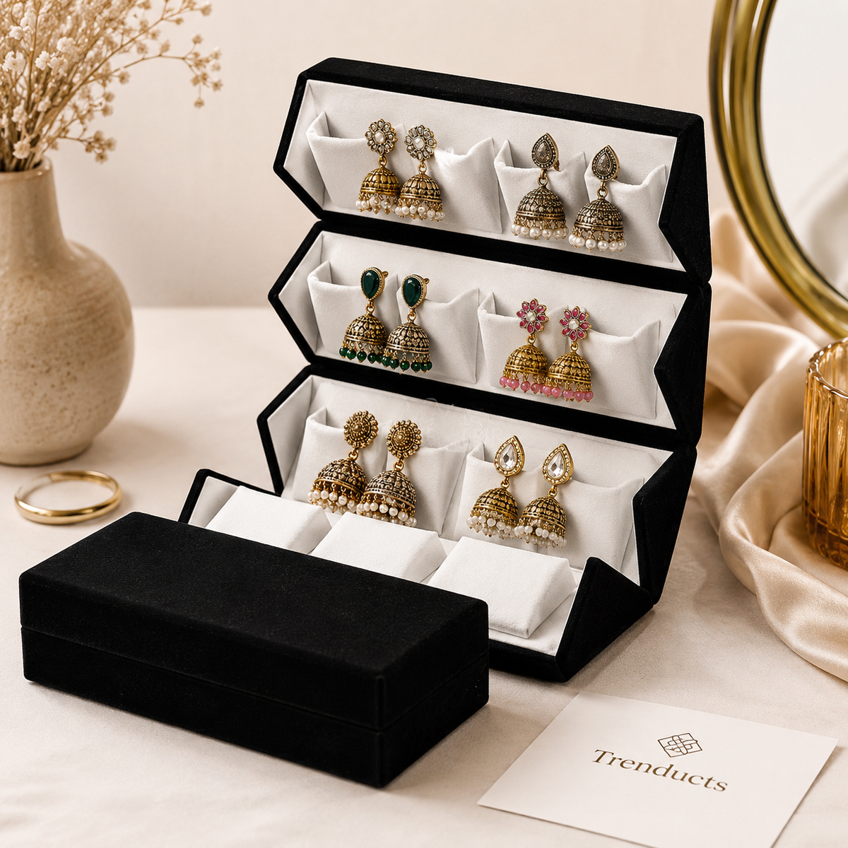 Foldable Velvet Jhumka Organizer Box – 16 Slots