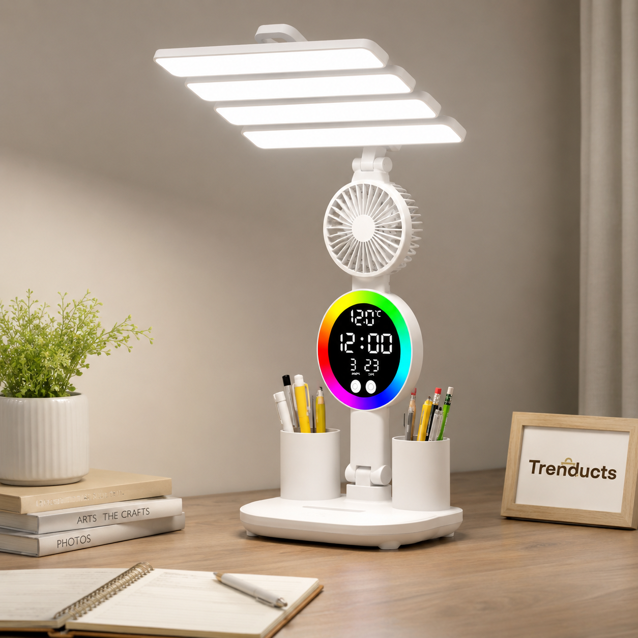 5-in-1 LED Fan Desk Lamp with Phone Holder - Rechargeable