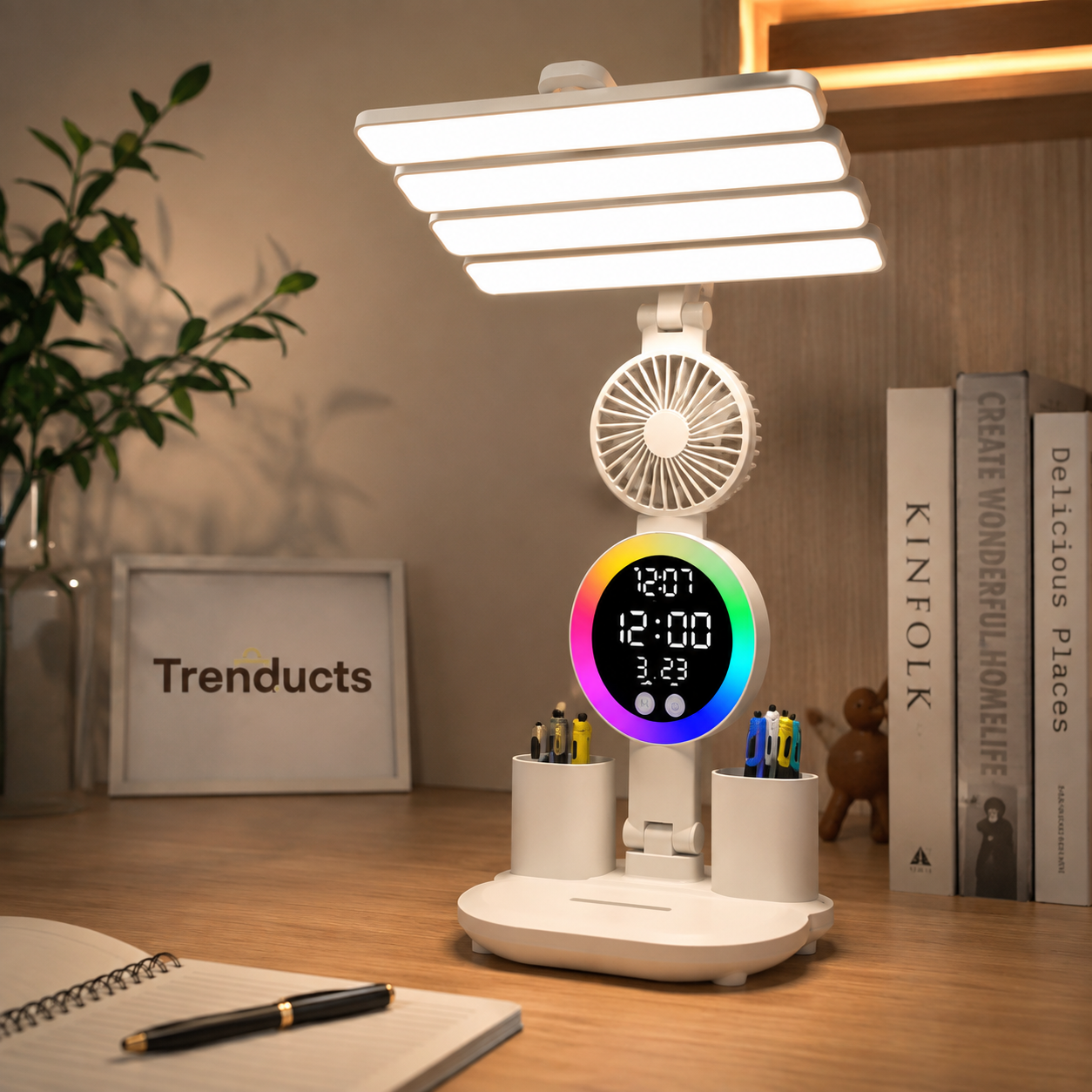 5-in-1 LED Fan Desk Lamp with Phone Holder - Rechargeable