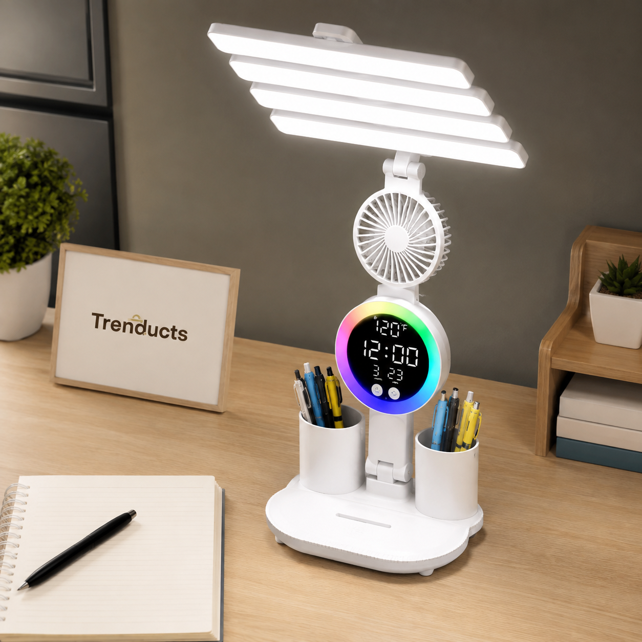 5-in-1 LED Fan Desk Lamp with Phone Holder - Rechargeable