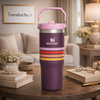 Stanley 30oz IceFlow Flip Straw Tumbler in Plum Stripe with pink lid and carry handle - Trenducts Pakistan