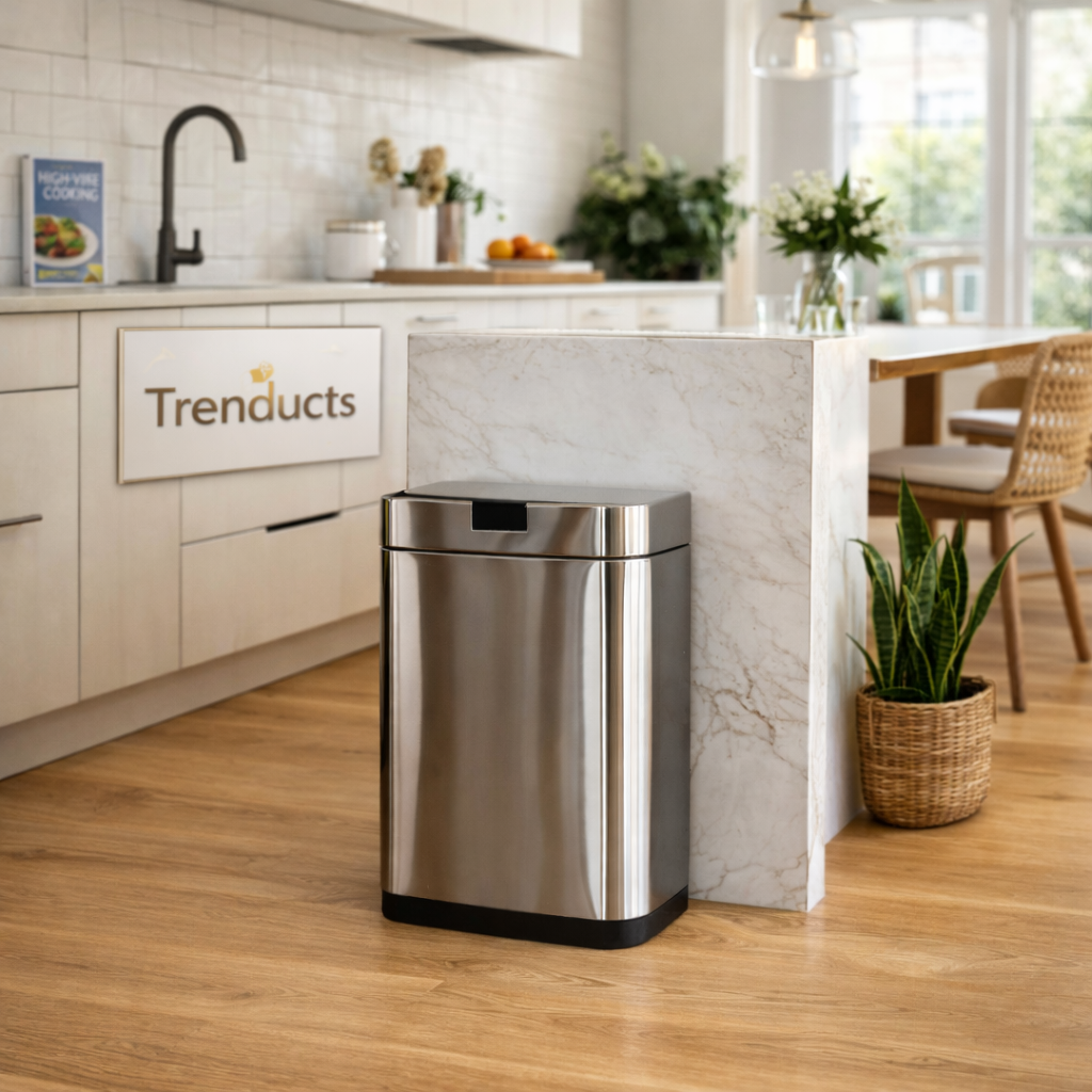 Sleek brushed stainless steel kitchen trash can with a foot pedal and a closed lid - Trenducts Pakistan