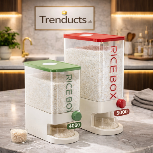 Trenducts 10kg slim airtight rice dispenser with 17.6cm width and funnel-shaped outlet for space-saving kitchen storage.
