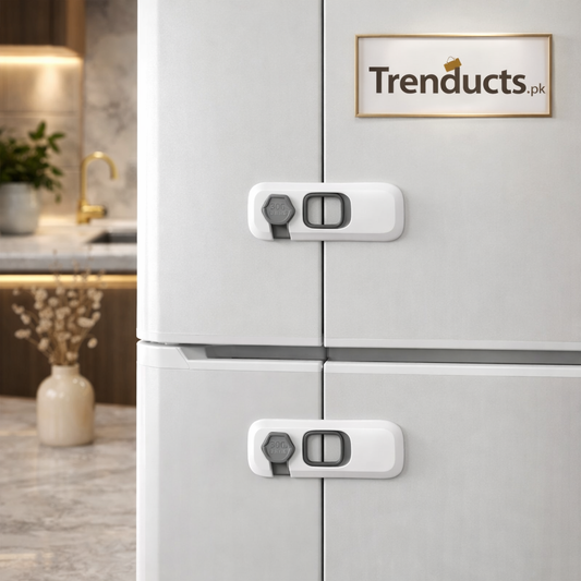 Trenducts 360-degree rotatable white child safety locks being installed on a white cabinet door using self-adhesive backing.