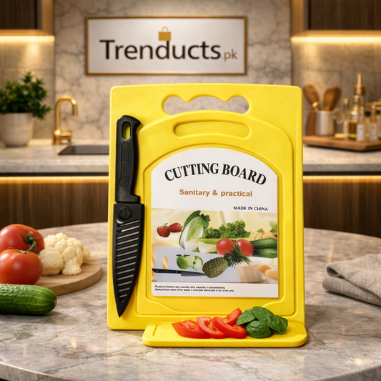 Trenducts 2-in-1 vegetable cutting board in white and grey with an integrated stainless steel knife for kitchen prep.