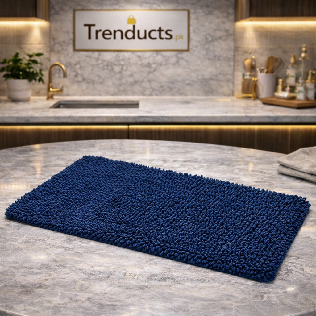 Trenducts royal blue multipurpose anti-slip mat being used as a kitchen floor rug and a dining table protector.